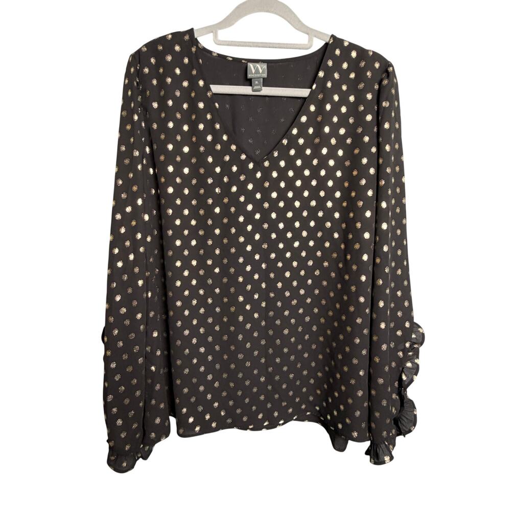 Worthington Black Gold Polka Dot Blouse XL Long Sleeve Ruffle Cuff Top
